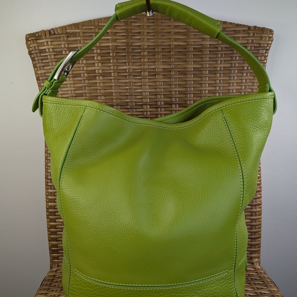 Cole Haan Lime Green Pebbled Leather Hobo Shoulder Bag Tote Silver Tone Hardware